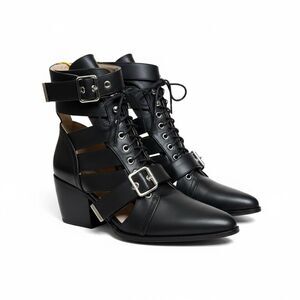NWT Cutout Lace Up Faux Leather Pointed Toe Heeled Ankle Boots Black Size 9.5